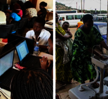 Individuals in Africa working on computers (left) and a woman washing her hands in a sink outside (right)