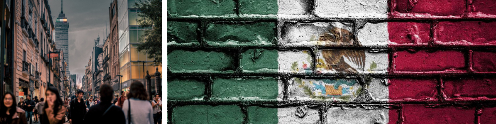 A collage of photos depicting individuals in Mexico (left) and the Mexican flag painted on bricks (right).