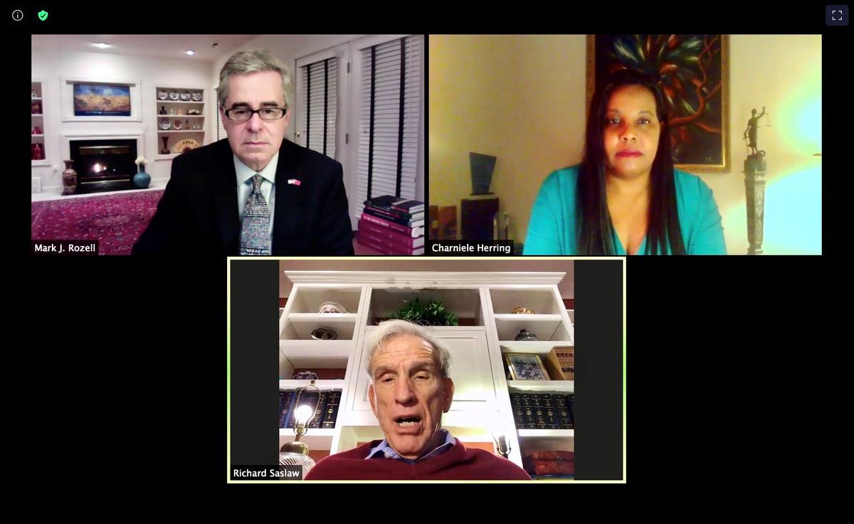 A screenshot collage from the virtual NOVA Leadership Dinner featuring Mark J. Rozell, Charniele Herring, and Dick Saslaw.