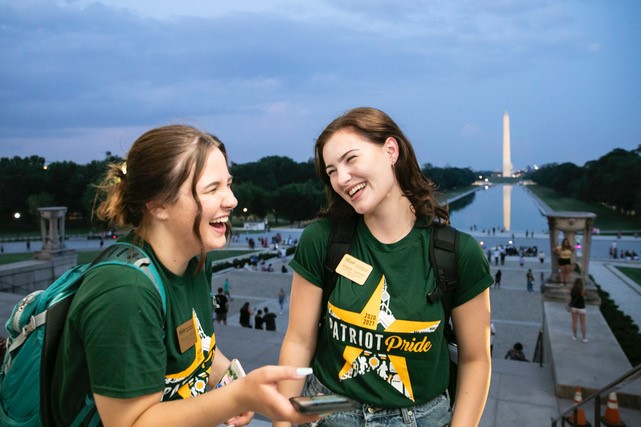 George Mason University students join together at the Lincoln Memorial in Washington D.C. during Quill Camp: Republic