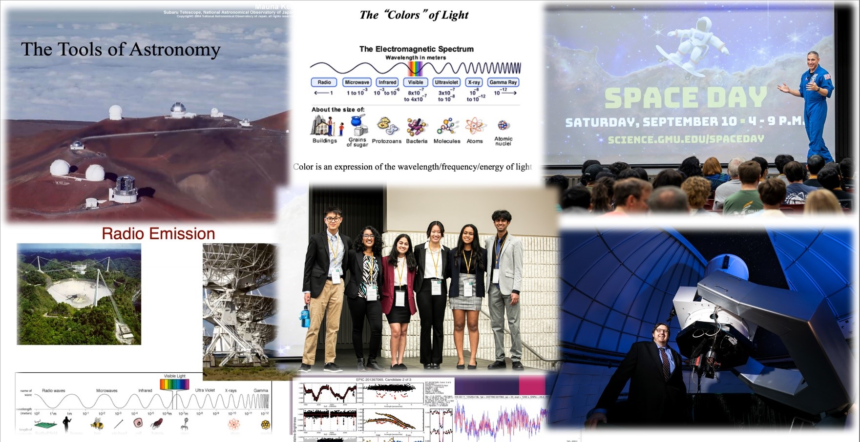 A collage of photos including including students, an individual giving a presentation, Dr. Peter Plavchan, and topics which will be covered during the internship