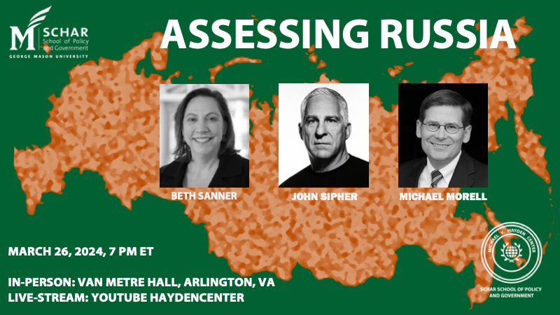 A green flyer with photos of a woman and two men advertises the Assessing Russia event.