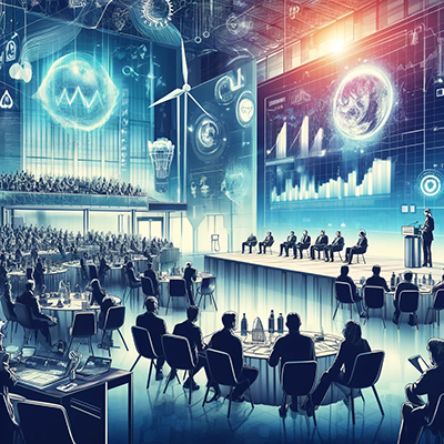An illustration of a high-tech conference with large digital screens hoovering over audiences is rendered by AI.