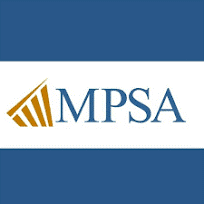 A logo with the letters MPSA for the Midwest Political Science Association, in the middle between two blue bars